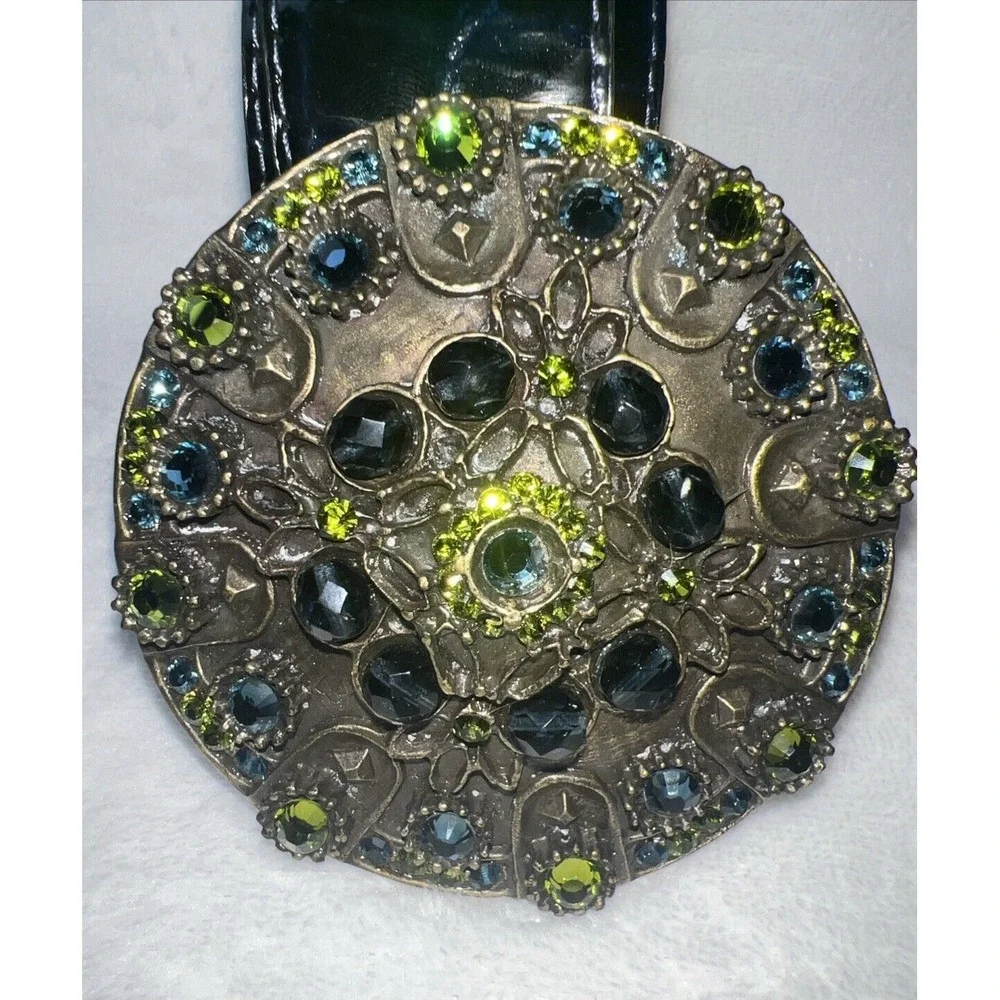 Womens Belt Black Patten Leather‎ 35Blue Rhinestone Buckle Fashion Boho Jana Kos